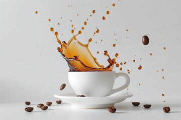 A white porcelain coffee cup on a white saucer, with a dynamic splash of coffee rising above the brim. generative ai