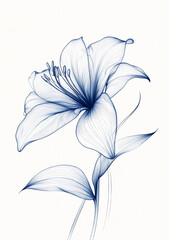 Wall Mural -  single lily, blue ink on white background, thin lines,  tattoo design, subtle gradient shading, graceful curves and angles, graceful composition