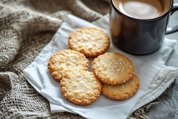 Wall Mural - A rustic styled photo with grain homemade biscuits, a metal cup of milk and ears on a rude cloth surface