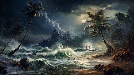 Wall Mural - Hurricane on the coast of fictional tropical island. Neural network ai generated art