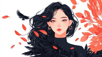 A striking illustration of a woman in black with golden eyes, adorned with feather details and surrounded by vibrant red leaves.