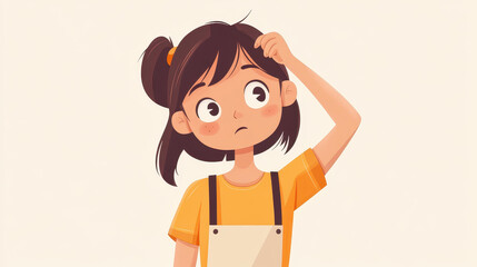 Wall Mural - A young woman in casual attire appears puzzled, scratching her head in a vibrant D cartoonstyle illustration.