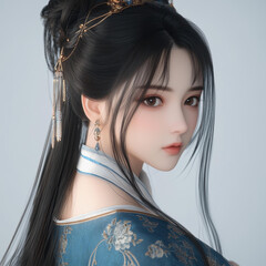 Poster - A stunning Chinese beauty gazes back in a closeup shot, donning a cyan Hanfu and a warm smile under soft lights.