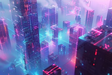 Canvas Print - A futuristic holographic cityscape, with abstract buildings and floating structures glowing in neon hues.A futuristic holographic cityscape, with abstract buildings and floating structures glowing in 