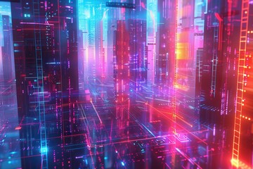 Canvas Print - A futuristic holographic cityscape, with abstract buildings and floating structures glowing in neon hues.A futuristic holographic cityscape, with abstract buildings and floating structures glowing in 