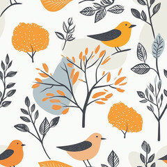 Canvas Print - Charming pattern featuring simple birds and trees with orange accents on a cream background. Ideal for autumn-inspired designs and natural, rustic themes.