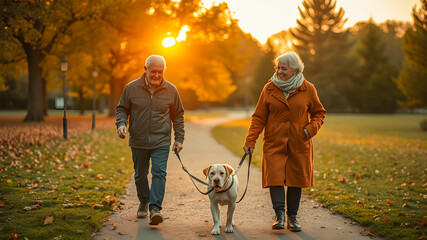 Beautiful portrait of beautiful caucasian senior couple walking with dog. Happy senior couple in autumn park, recreational healthy activity outdoors. Smiling elderly couple spending time with lab. AI
