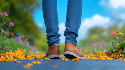 Person standing on a path with flowers blooming around them, Positive thinking, Journey of growth