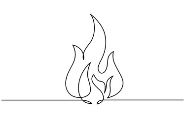 Wall Mural - Continuous editable drawing of fire icon. Flame symbol in one line style, Continuous single line sketch drawing of bonfire campfire camping activity. One line warm body in campsite light, cooking food