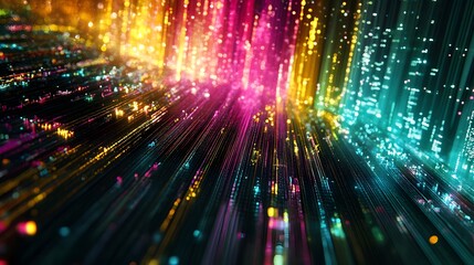 Wall Mural - brightly colored data streams flowing across a digital grid in overlapping layers