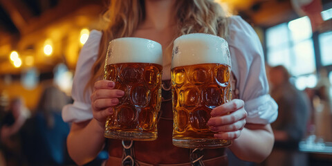 Young woman wearing traditional clothes is serving beer at a crowded oktoberfest celebration. Banner