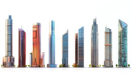 A row of eight skyscrapers isolated on white background.