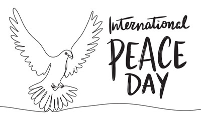 Wall Mural - Dove one line continuous. International Peace Day text lettering. Hand drawn vector art