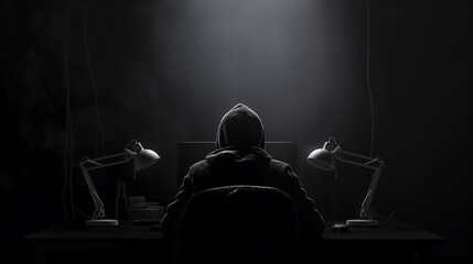 Back view of hacker in hoodie using computer committing digital cybercrime in dark room