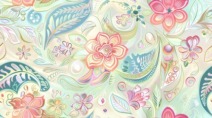 Wall Mural - Floral paisley design with soft pastel colors and fine lines.