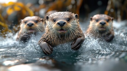 Three Otters Swimming in Water