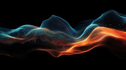 An abstract digital wave with data points flowing along the curves set against a dark background