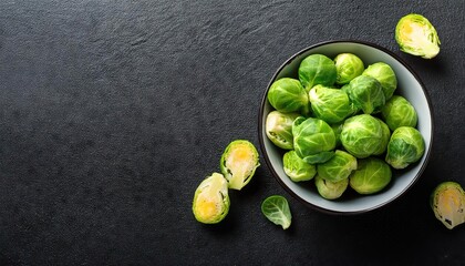 Wall Mural - Fresh Brussels Sprouts in a bowl on a black background, top view