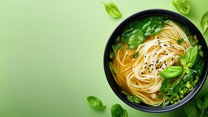 Wall Mural - Asian noodle soup with fresh greens served in a black bowl, set against a pastel green background.