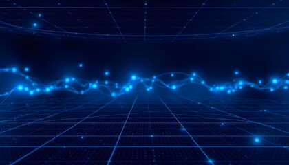 Wall Mural - a futuristic landscape with a grid of glowing blue lines and lights, creating a sense of depth and p