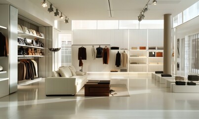 Interior women's clothing store, partition walls, White walls and Molteni color, vintage modernism,interior store design ideas