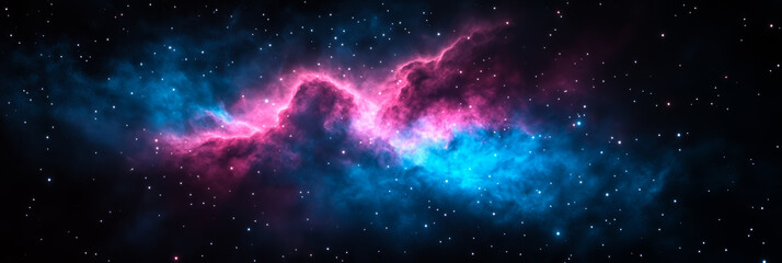 Wall Mural - Dark outer space with a brilliant cyan and magenta nebula streaking across while tiny glowing stars twinkle against the black void vibrant cosmic scene 