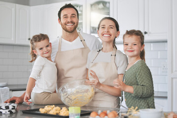 Canvas Print - Family, portrait and dough with children in kitchen for healthy diet, support and cooking education. Happy, mother and father with kids by table for learning, ingredients and teaching to bake at home