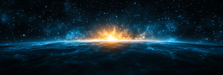 Wall Mural - Outer space scene with dark black and midnight blue tones a faint golden nebula glowing subtly in the distance surrounded by shimmering stars 