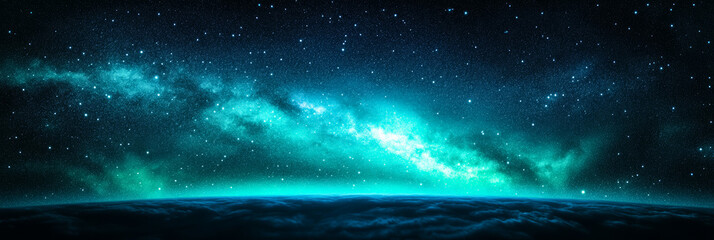 starry night in deep outer space with a faint green and blue aurora like glow swirling among distant