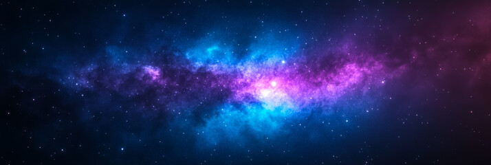 Wall Mural - Vast black void with glowing stars and a swirling deep blue and purple nebula in the background creating a mysterious cosmic atmosphere 