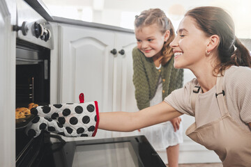 Wall Mural - Mom, kid and cookies at oven for learning, bonding and baking in home with smile, love and sweets. Teaching, mother and daughter together in kitchen with biscuit dough, fun and girl child development