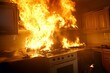 © Yeivaz - A very intense kitchen fire suddenly erupts and spreads rapidly within a modern home environment