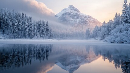 Poster - Winter Wonderland: Snow-Covered Mountain and Reflections