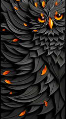 Wall Mural - A black and orange owl with its eyes open. The owl is surrounded by leaves and has a long tail