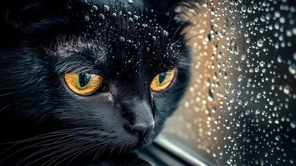 A black cat with striking yellow eyes watches raindrops sliding down a window while sitting indoors during a rainy day