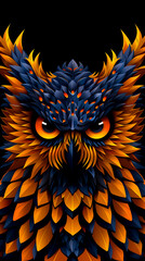 Wall Mural - A colorful owl with orange and blue feathers. The owl has a fierce look on its face, with its eyes wide open and its beady eyes staring straight ahead. The owl's feathers are intricately detailed