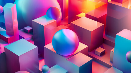 Wall Mural - an abstract composition of intersecting 3D geometric shapes like cubes, spheres, and pyramids. vibrant colors and gradients, with dynamic lighting, abstract background wallpaper 