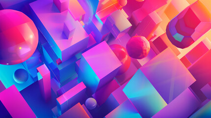 Wall Mural - an abstract composition of intersecting 3D geometric shapes like cubes, spheres, and pyramids. vibrant colors and gradients, with dynamic lighting, abstract background wallpaper 