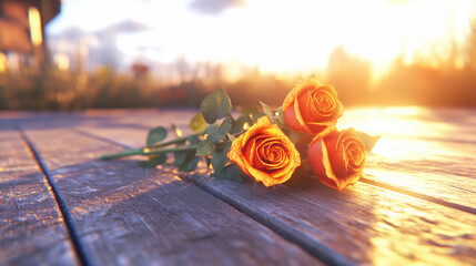 Wall Mural - Three orange roses lay on a weathered wooden surface, illuminated by the warm glow of the setting sun, highlighting their rich colors