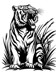 Wall Mural - A tiger is sitting in the grass with its mouth open. The tiger is black and white