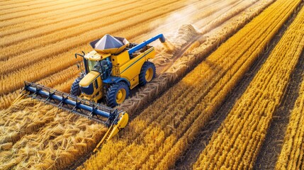 A yellow combine harvester moves through a field of wheat, harvesting the crop on a sunny day