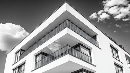 Sticker - Black and white photo of a modern building with balconies.