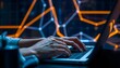 © Kdhtdg - A person's hands typing on a laptop keyboard in a dimly lit room with abstract geometric shapes in the background