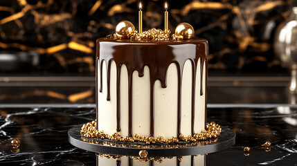 A decadent chocolate cake featuring a glossy ganache, topped with golden balls and candles, beautifully presented on a sleek black marble surface