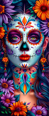 Wall Mural - A woman's face is painted with a skull and flowers. The skull is surrounded by a colorful design, and the flowers are scattered around the face. Scene is dark and eerie