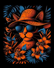 Sticker - A cat wearing a hat and sunglasses is surrounded by flowers