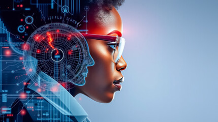 Wall Mural - artificial intelligence cyber security threat, black african american female IT specialist analysing data information technology, augmented reality AI collage.