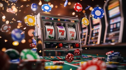 Enjoy an Exciting Casino Slot Machine Experience Featuring Rolling Dice and Colorful Chips, Jackpot