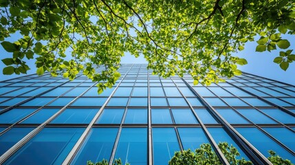 green leaves and branches framing a modern glass building against a blue sky.