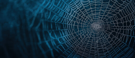 Close-up image of a spider web with intricate details and dark blue blurred background, showcasing delicate web structure.